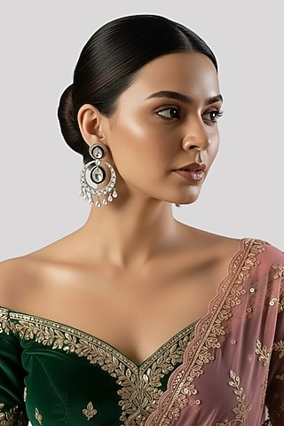 White Finish Kundan Polki & White Stone Chandbali Earrings In Sterling Silver by Auraa Trends Silver Jewellery