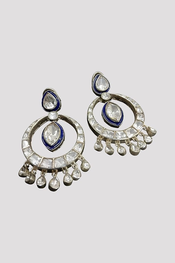 White Finish Kundan Polki & White Stone Chandbali Earrings In Sterling Silver by Auraa Trends Silver Jewellery at Pernia's Pop Up Shop