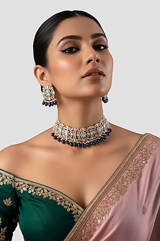White Finish Kundan Polki & Blue Beaded Stud Earrings In Sterling Silver by Auraa Trends Silver Jewellery
