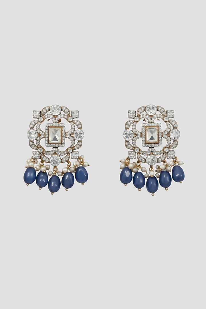 White Finish Kundan Polki & Blue Beaded Stud Earrings In Sterling Silver by Auraa Trends Silver Jewellery at Pernia's Pop Up Shop