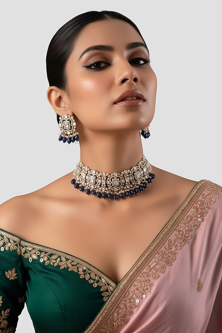 White Finish Kundan Polki & Blue Stone Necklace In Sterling Silver by Auraa Trends Silver Jewellery at Pernia's Pop Up Shop