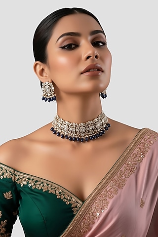 White Finish Kundan Polki & Blue Stone Necklace In Sterling Silver by Auraa Trends Silver Jewellery