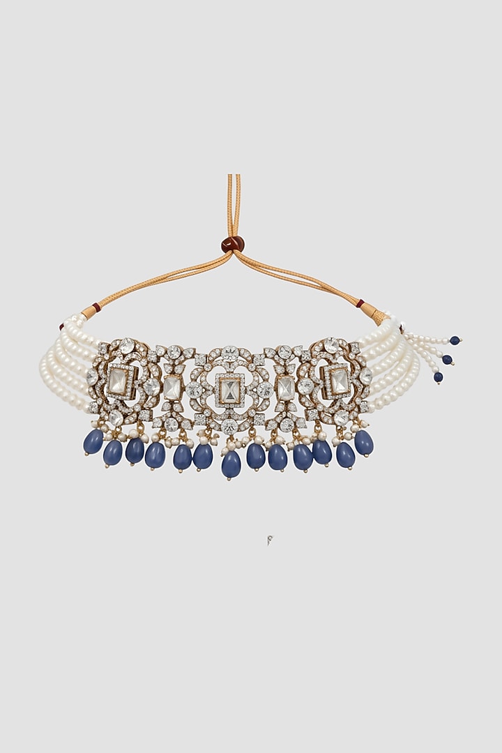 White Finish Kundan Polki & Blue Stone Necklace In Sterling Silver by Auraa Trends Silver Jewellery at Pernia's Pop Up Shop