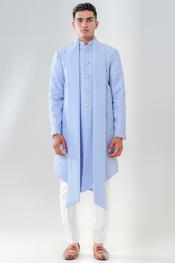 Powder Blue Silk Embellished Wedding Sherwani Set by Amrit Dawani at Pernia's Pop Up Shop