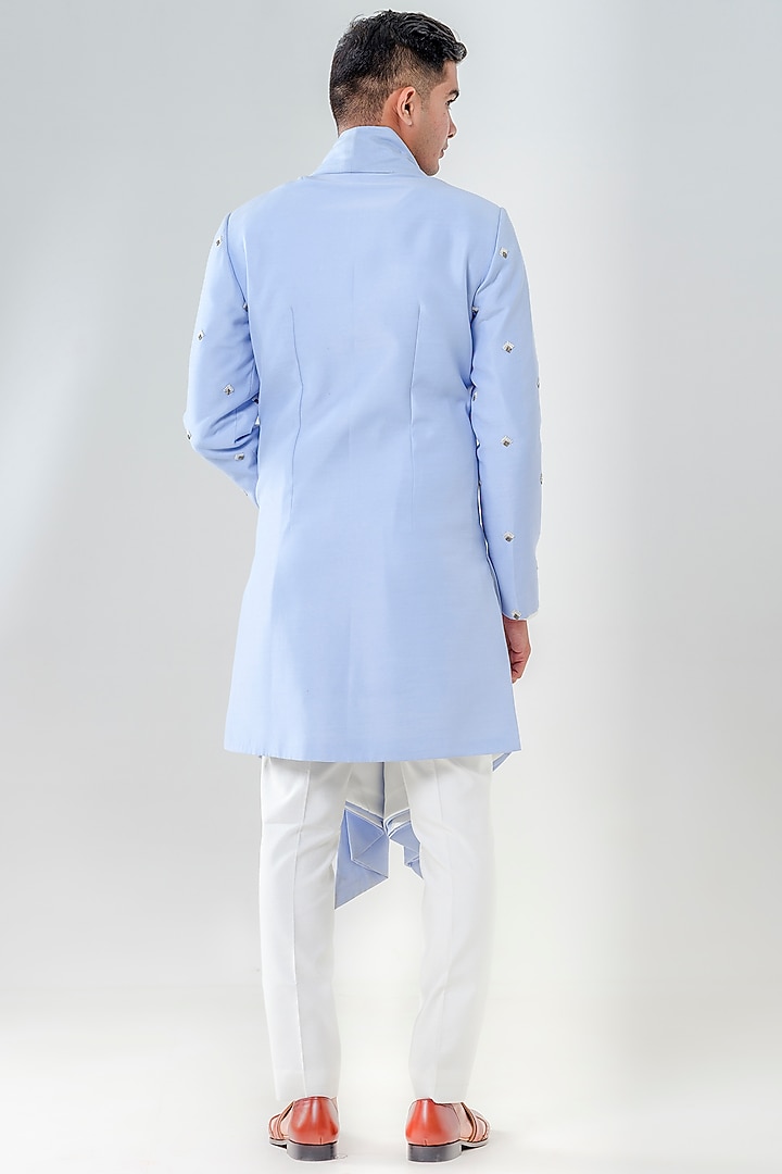 Powder Blue Silk Embellished Wedding Sherwani Set by Amrit Dawani at Pernia's Pop Up Shop