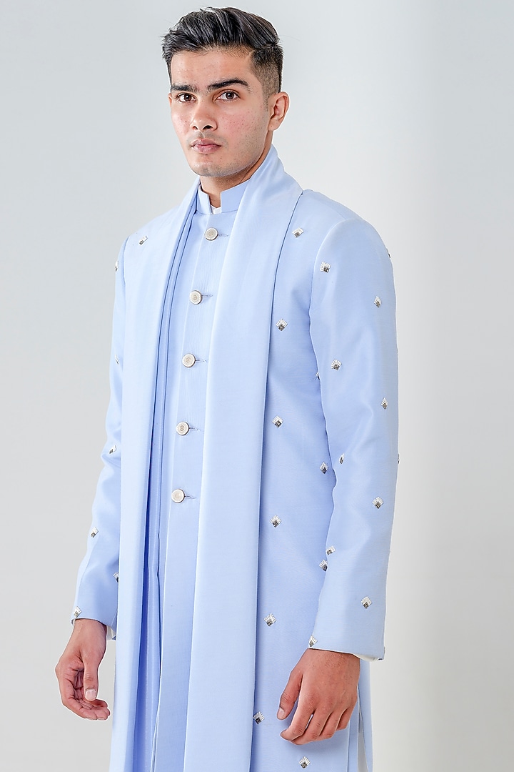 Powder Blue Silk Embellished Wedding Sherwani Set by Amrit Dawani at Pernia's Pop Up Shop