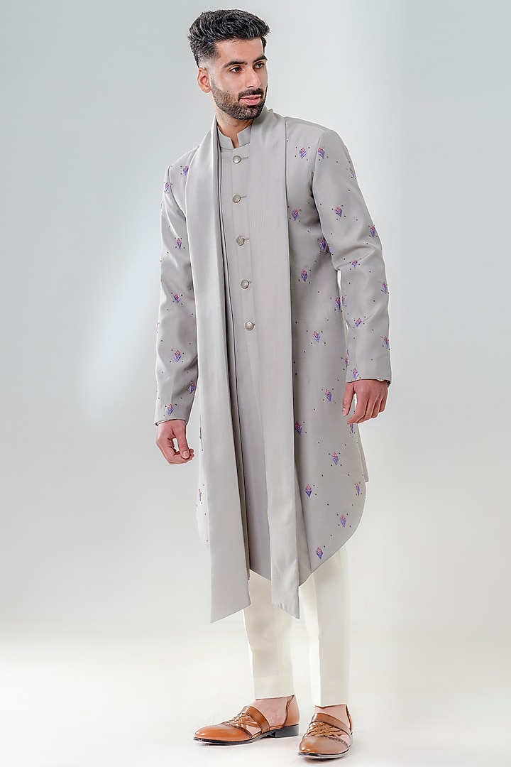 Grey Silk Embellished Wedding Sherwani Set by Amrit Dawani at Pernia's Pop Up Shop
