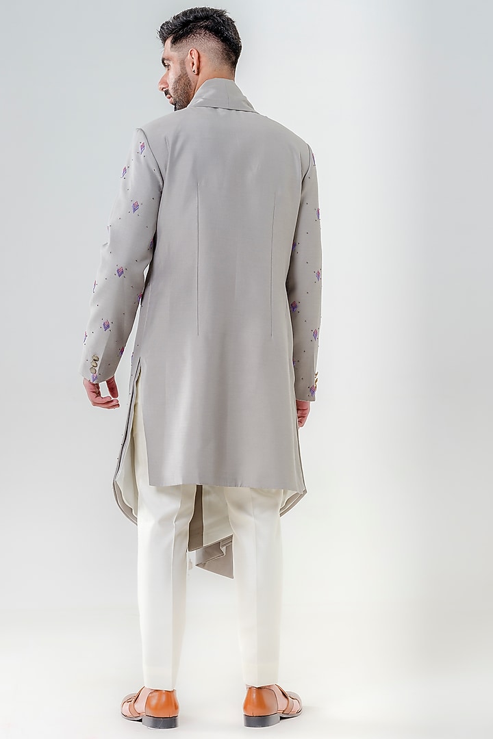 Grey Silk Embellished Wedding Sherwani Set by Amrit Dawani at Pernia's Pop Up Shop