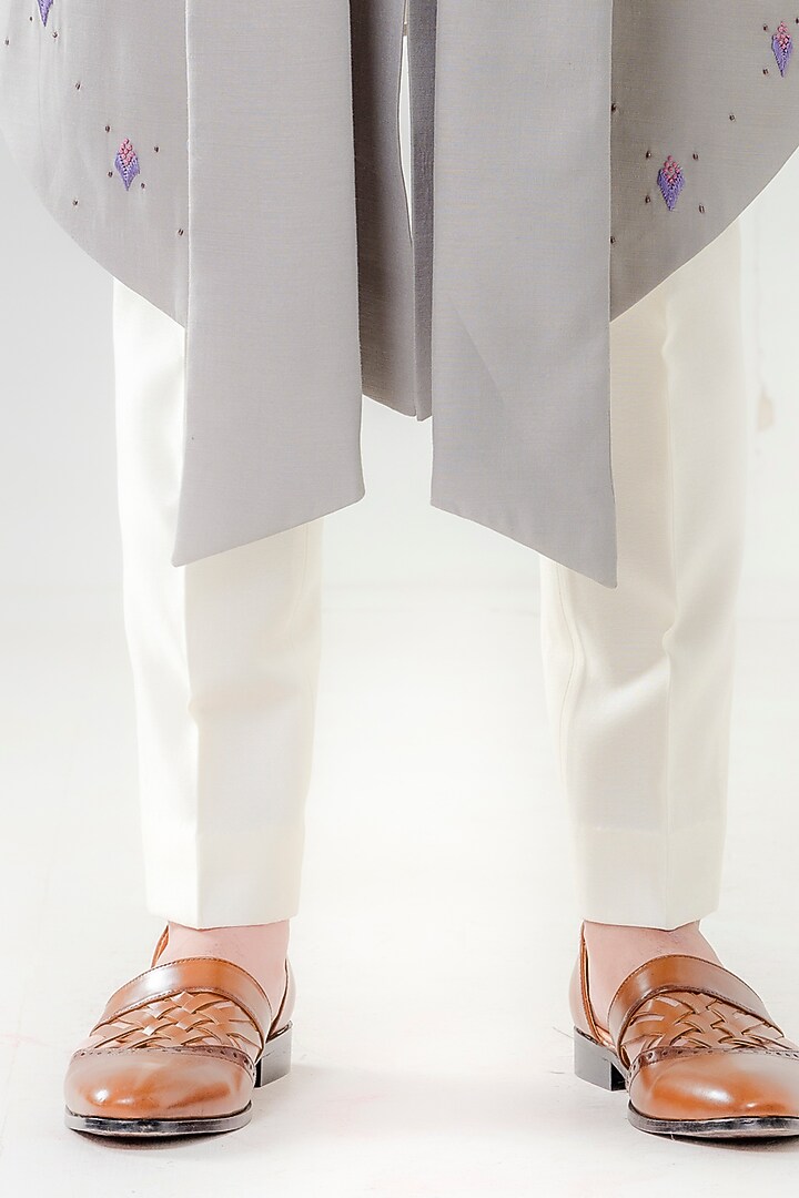 Grey Silk Embellished Wedding Sherwani Set by Amrit Dawani at Pernia's Pop Up Shop