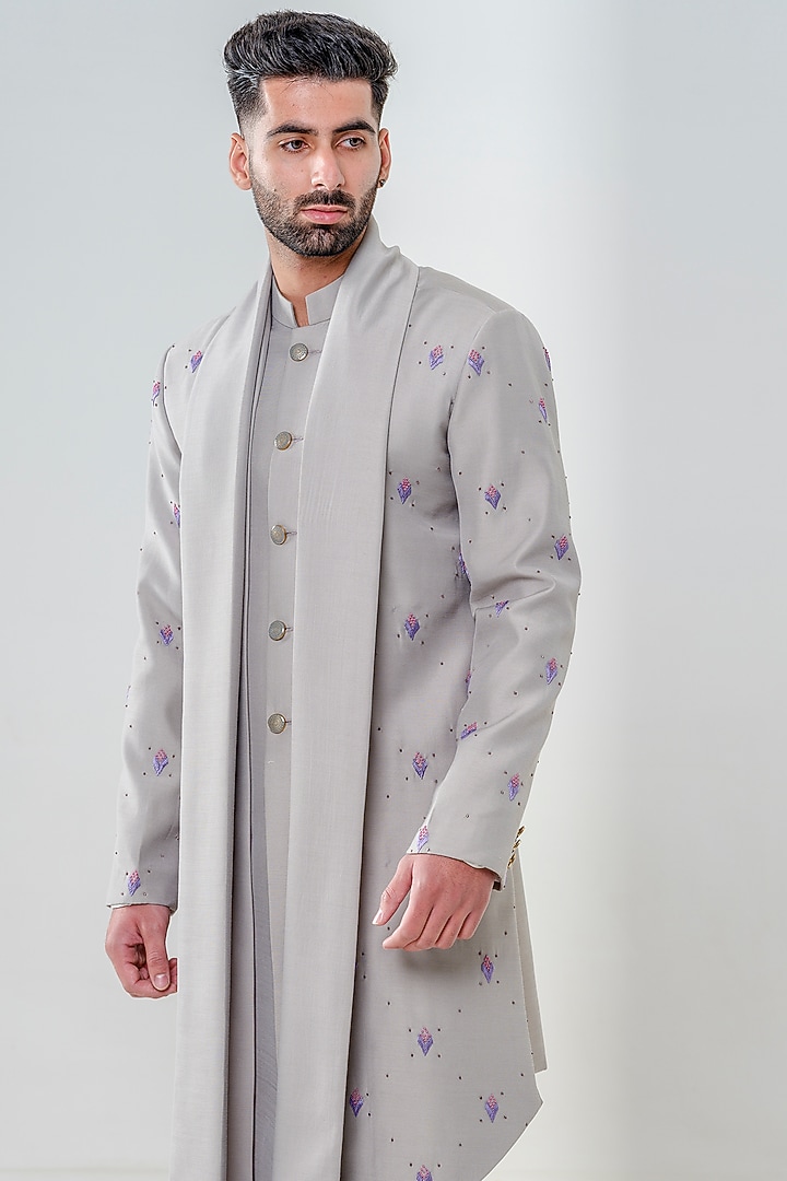 Grey Silk Embellished Wedding Sherwani Set by Amrit Dawani at Pernia's Pop Up Shop