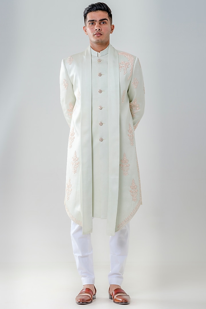 Mint Green Silk Embellished Wedding Sherwani Set by Amrit Dawani at Pernia's Pop Up Shop