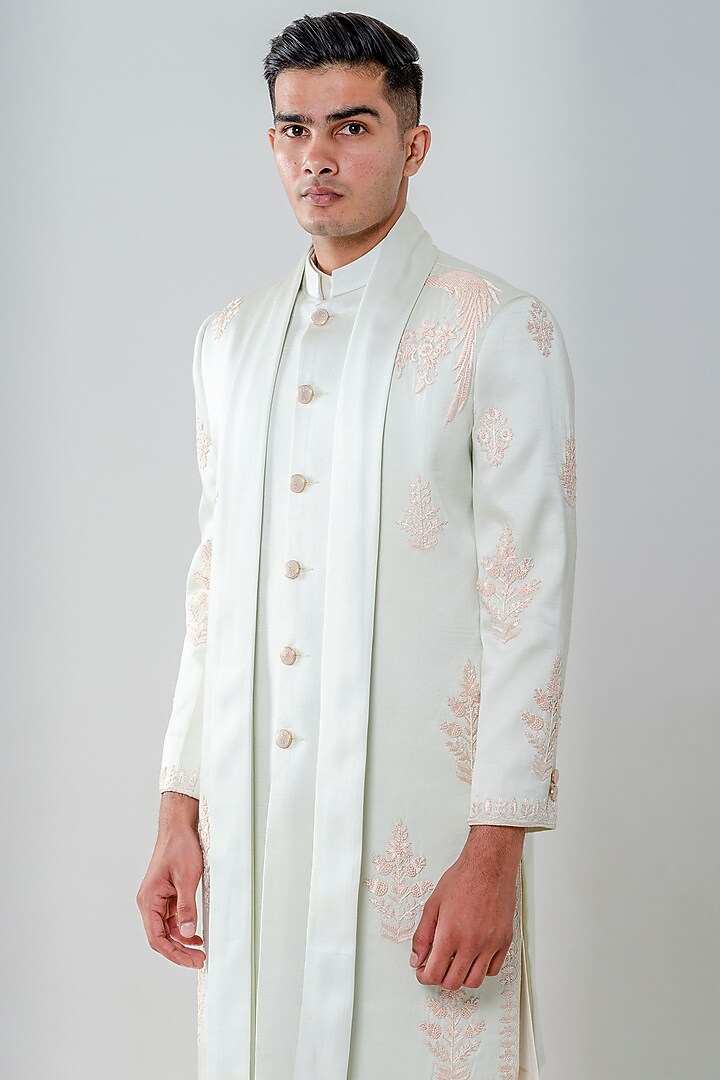 Mint Green Silk Embellished Wedding Sherwani Set by Amrit Dawani at Pernia's Pop Up Shop