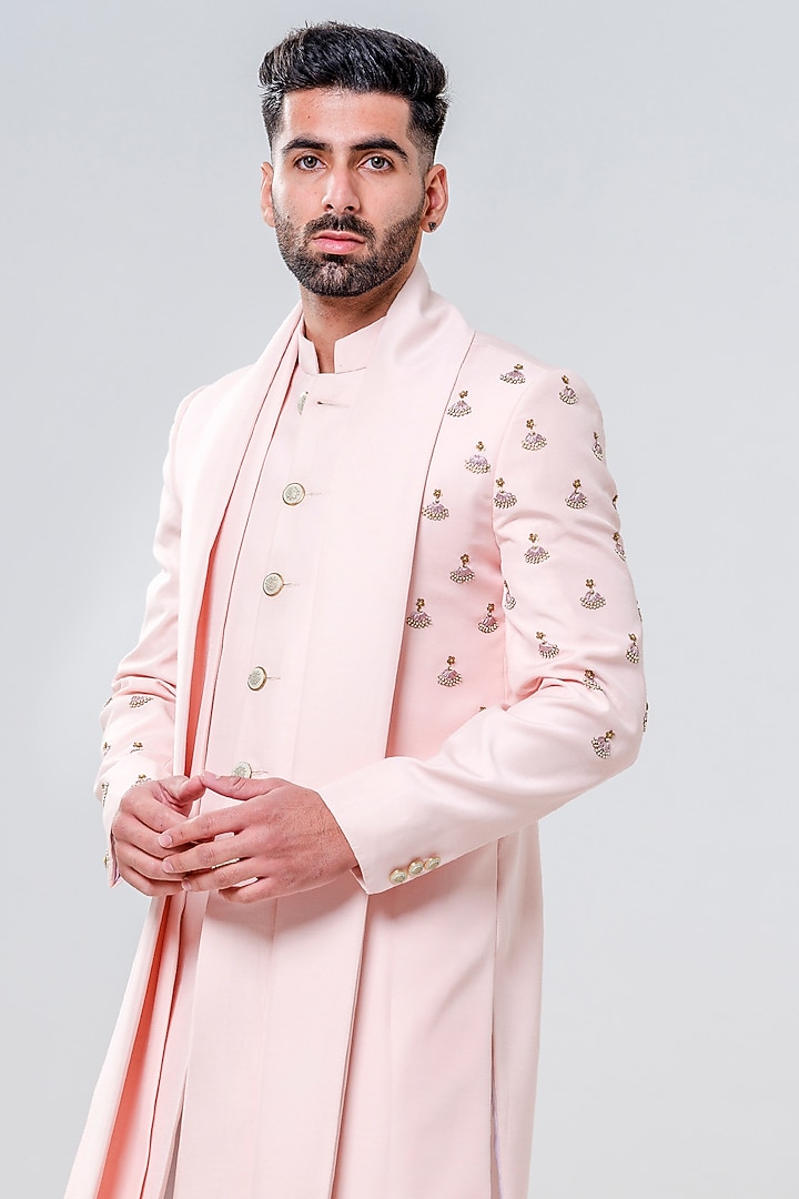 Peach Silk Embellished Wedding Sherwani Set by Amrit Dawani at Pernia's Pop Up Shop