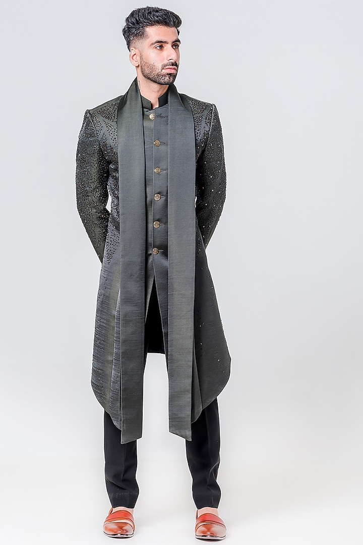 Black Silk Embellished Wedding Sherwani Set by Amrit Dawani at Pernia's Pop Up Shop