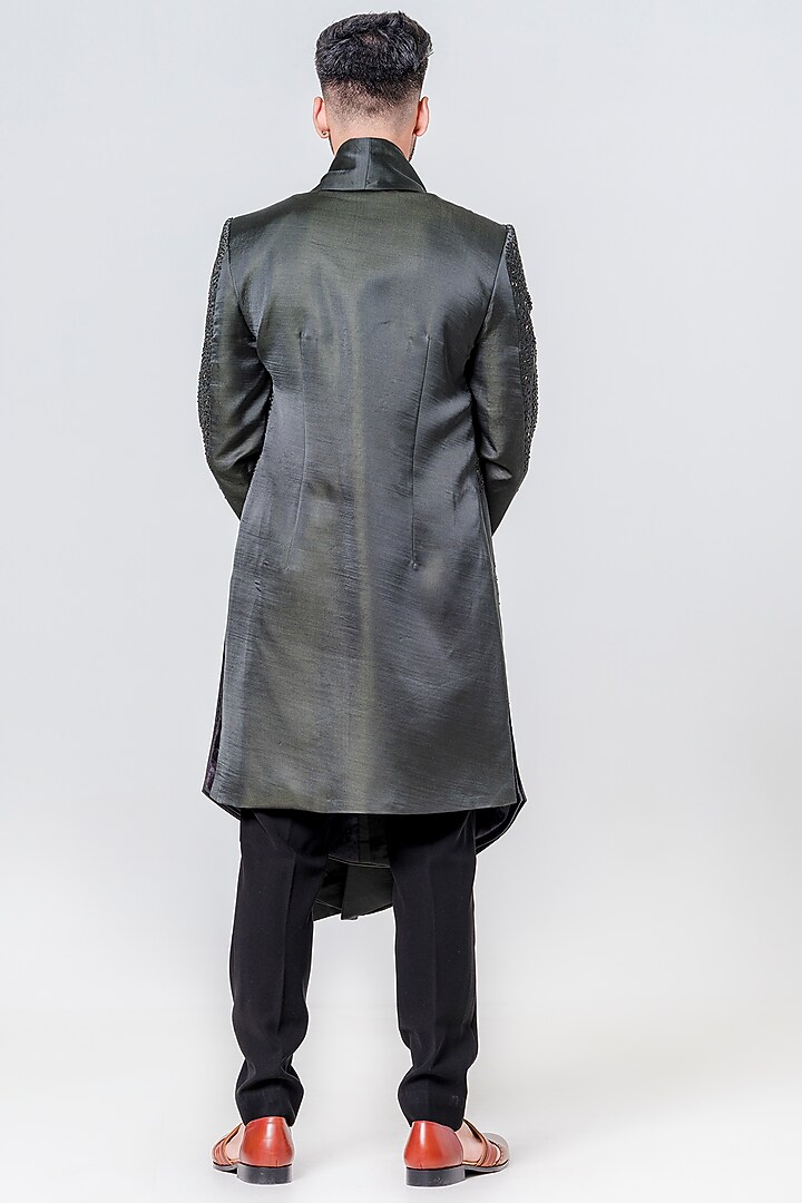 Black Silk Embellished Wedding Sherwani Set by Amrit Dawani at Pernia's Pop Up Shop