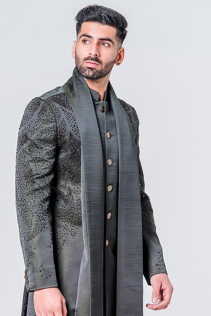 Black Silk Embellished Wedding Sherwani Set by Amrit Dawani at Pernia's Pop Up Shop