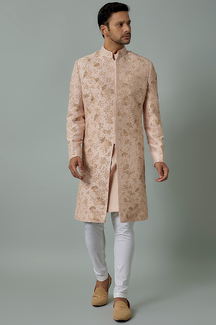 Rose Pink Raw Silk Floral Embroidered Sherwani Set by Amrit Dawani