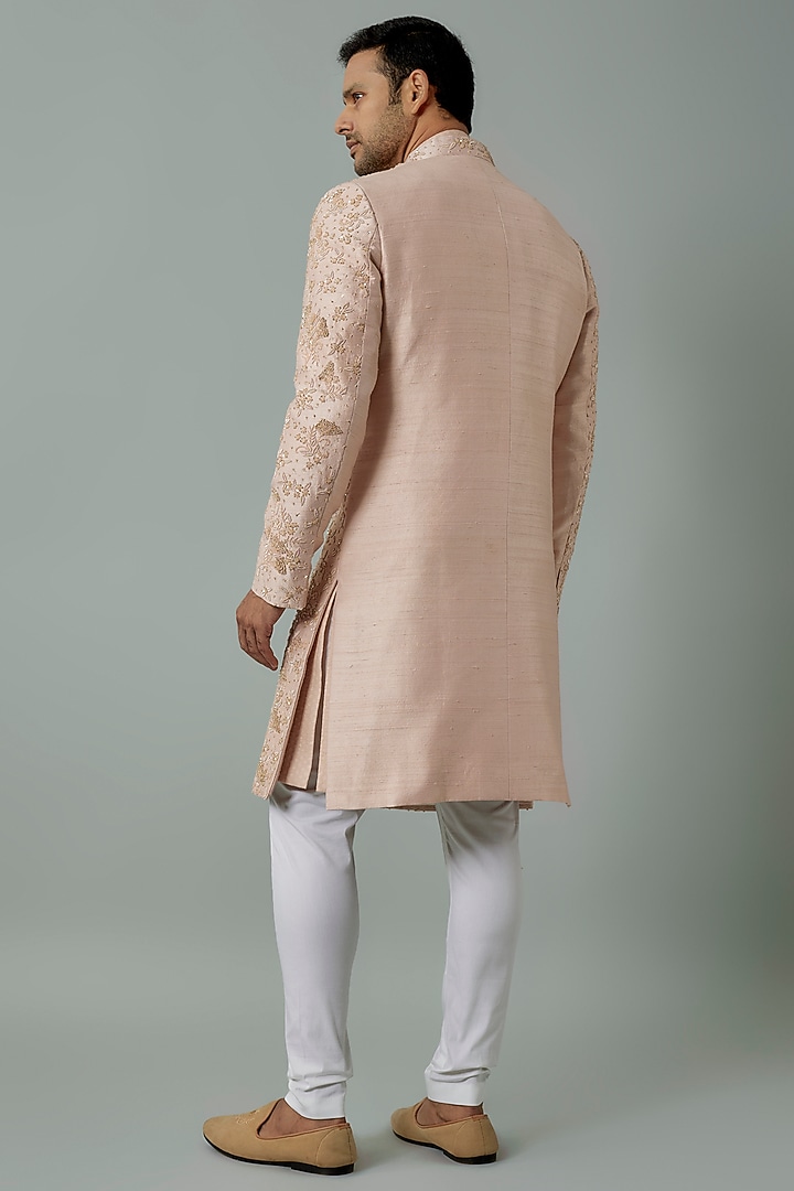 Rose Pink Raw Silk Floral Embroidered Groom Sherwani Set by Amrit Dawani at Pernia's Pop Up Shop