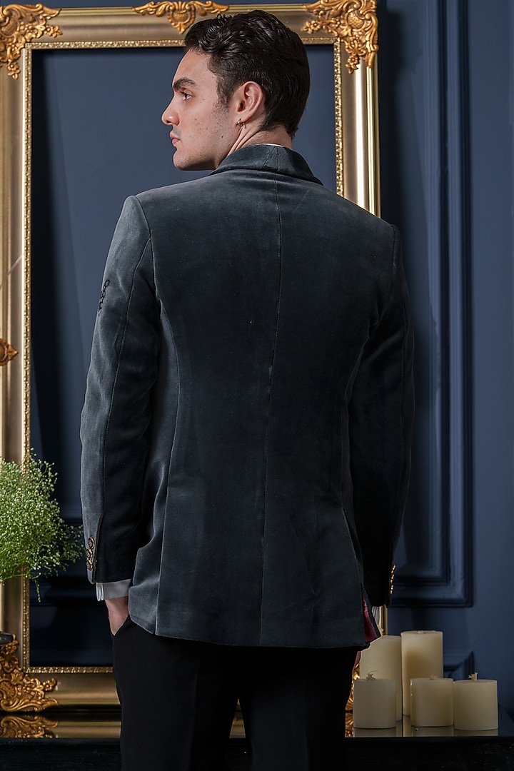 Grey Velvet Geometric Embroidered Tuxedo Set by Amrit Dawani at Pernia's Pop Up Shop