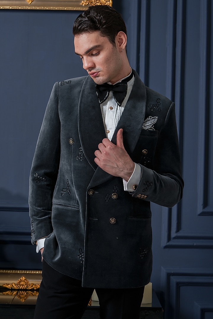 Grey Velvet Geometric Embroidered Tuxedo Set by Amrit Dawani at Pernia's Pop Up Shop