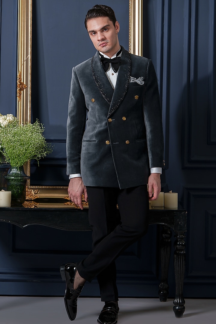 Grey Velvet Embroidered Tuxedo Set by Amrit Dawani