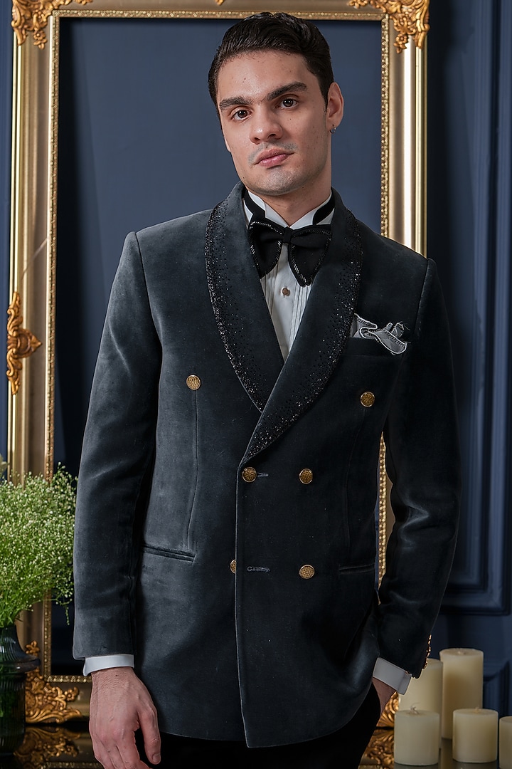 Grey Velvet Embroidered Tuxedo Set by Amrit Dawani at Pernia's Pop Up Shop