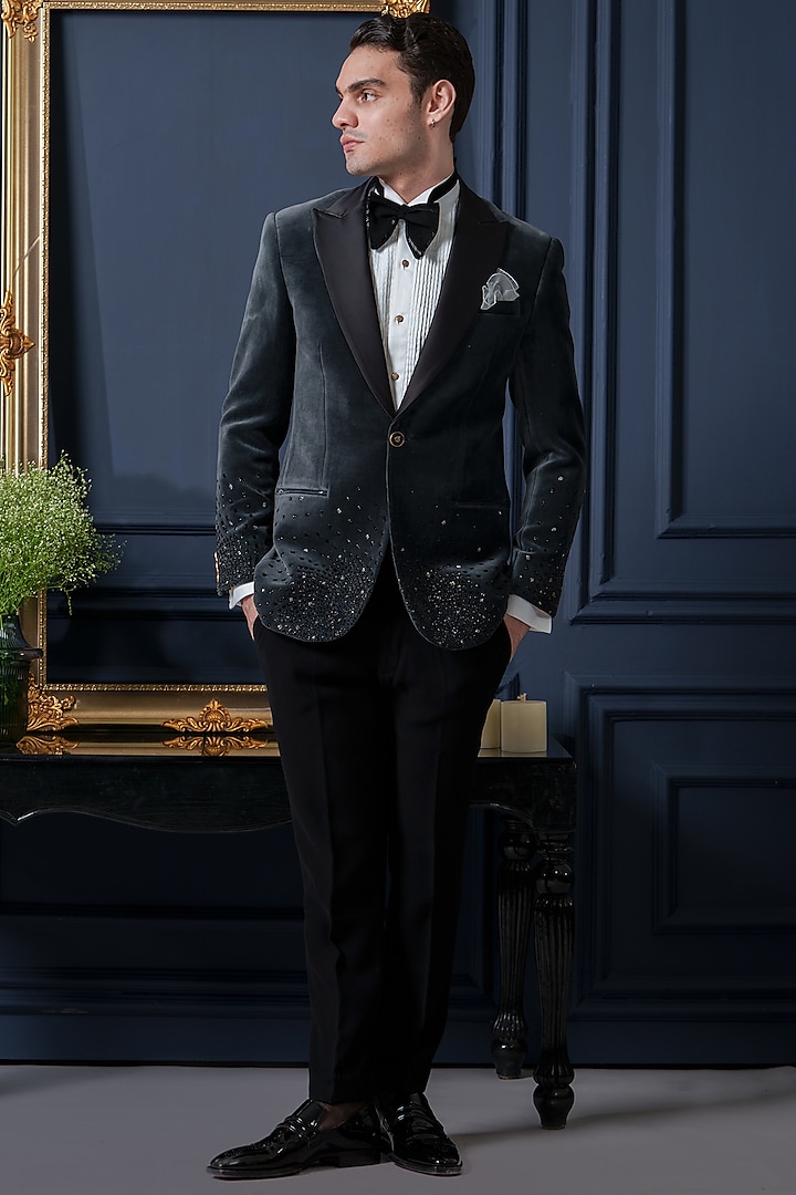 Grey Velvet Embroidered Tuxedo Set by Amrit Dawani