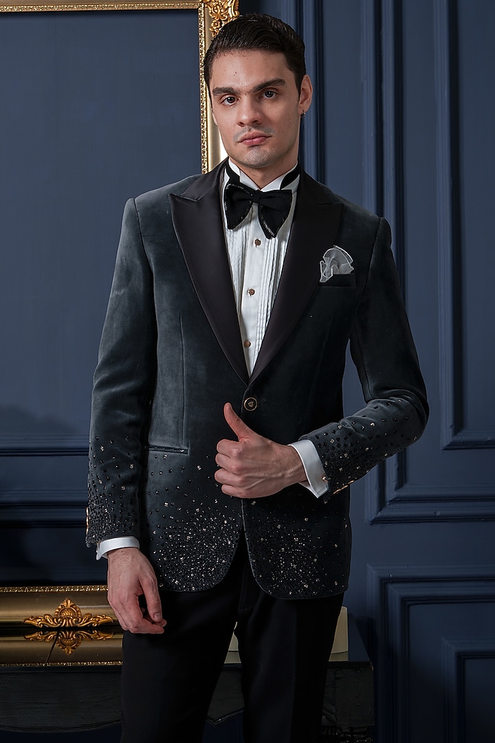 Grey Velvet Embroidered Tuxedo Set by Amrit Dawani at Pernia's Pop Up Shop