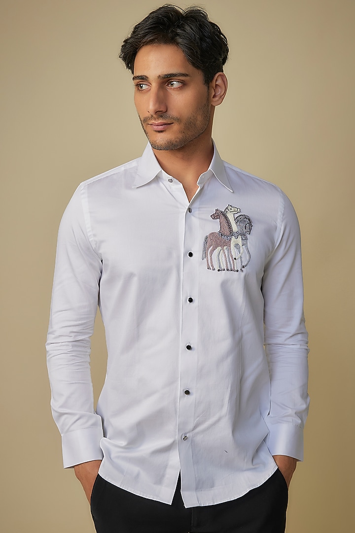 White Cotton Motif Embroidered Party Wear Shirt by Amrit Dawani at Pernia's Pop Up Shop