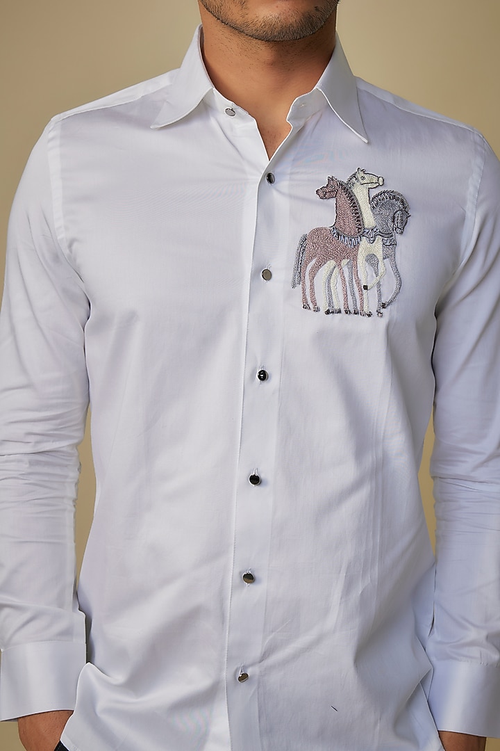 White Cotton Motif Embroidered Party Wear Shirt by Amrit Dawani at Pernia's Pop Up Shop