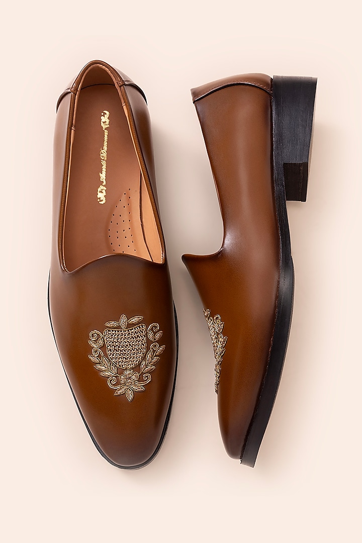 Tan Brown Embroidered Toe Shoes by Amrit Dawani