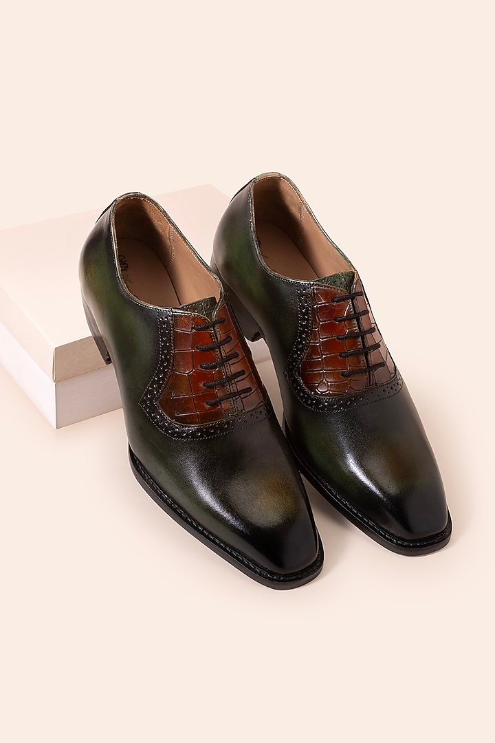 Dark Green & Brown Leather Lace-Up Shoes by Amrit Dawani at Pernia's Pop Up Shop