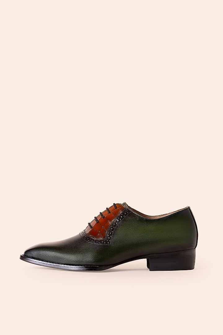 Dark Green & Brown Leather Lace-Up Shoes by Amrit Dawani at Pernia's Pop Up Shop
