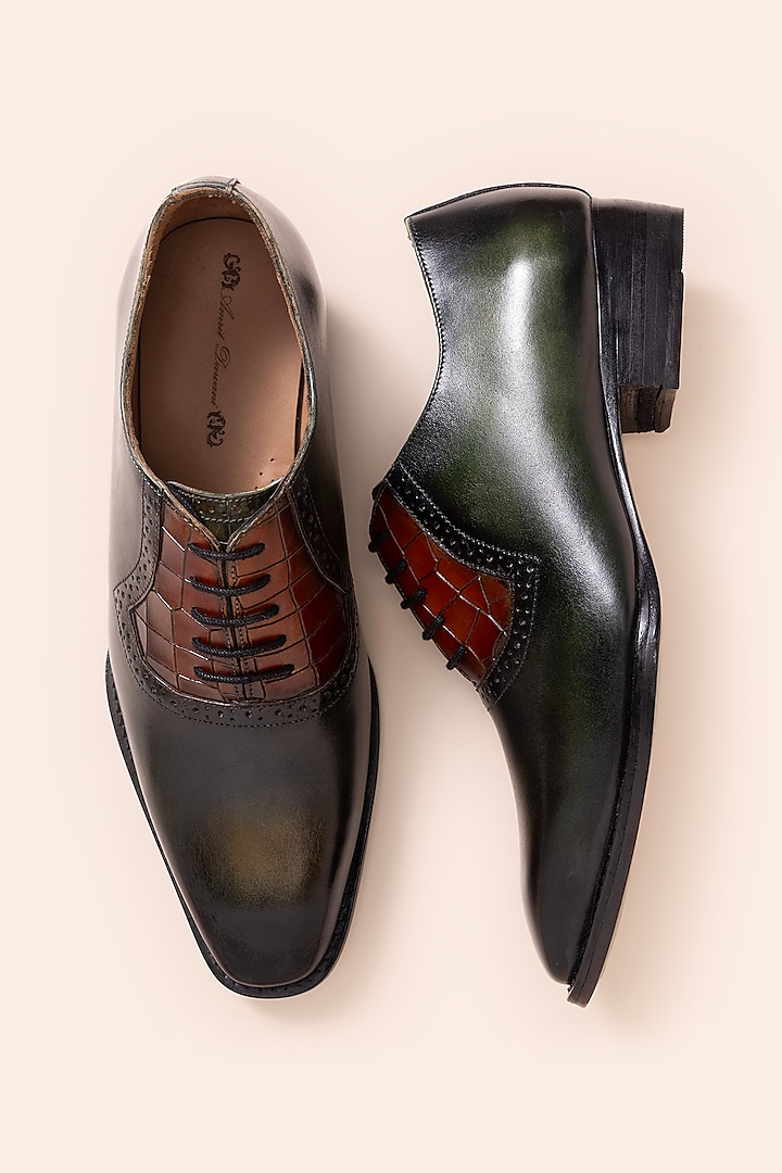 Dark Green & Brown Leather Lace-Up Shoes by Amrit Dawani