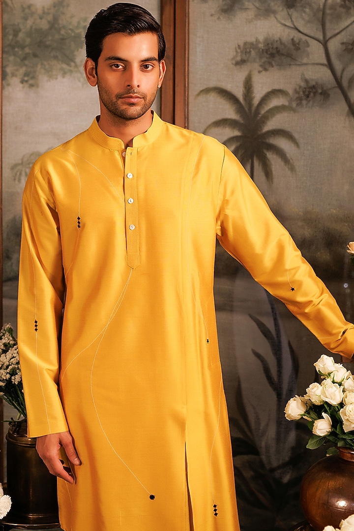 Yellow Katan Embroidered Kurta Set by Sahil Kochhar Men at Pernia's Pop Up Shop