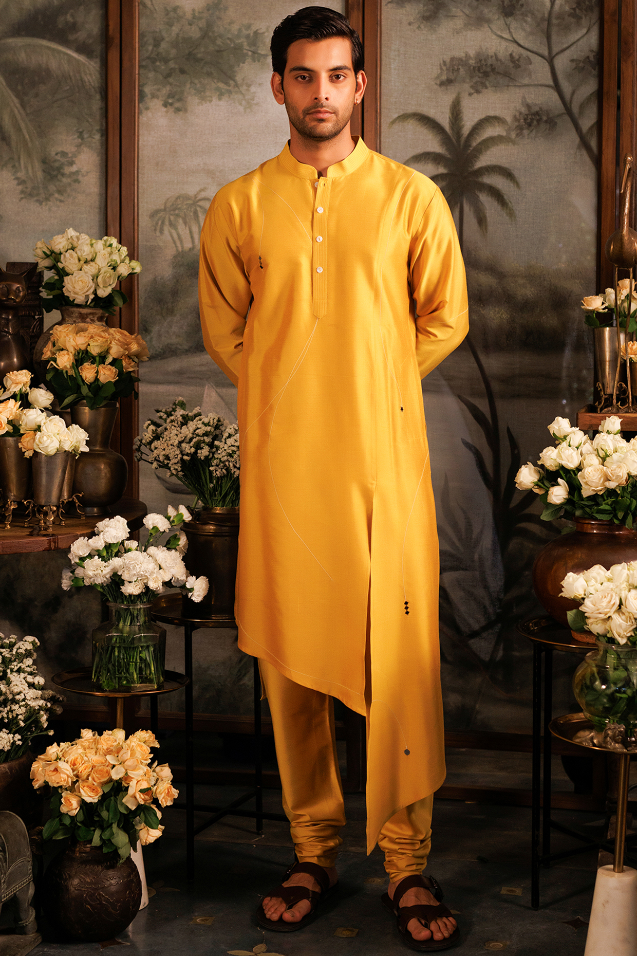 Yellow Katan Embroidered Kurta Set by Sahil Kochhar Men