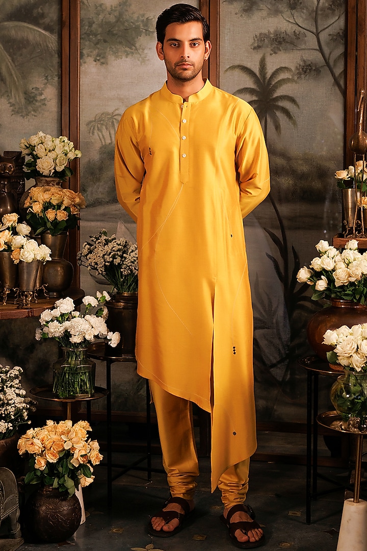 Yellow Katan Embroidered Kurta Set by Sahil Kochhar Men