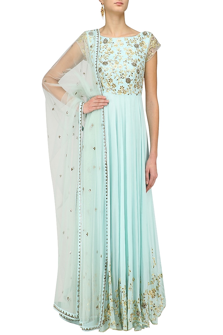Powder blue gota and mirror hand embroidered anarkali set available only at Pernia's Pop Up Shop.