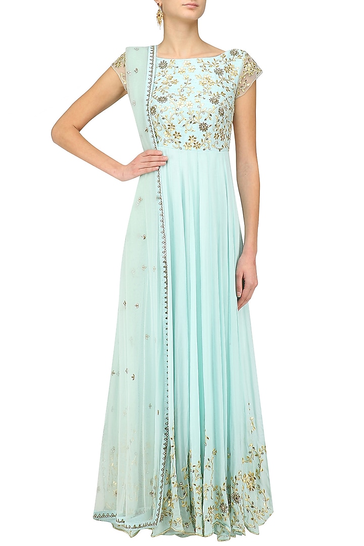 Powder blue gota and mirror hand embroidered anarkali set available only at Pernia's Pop Up Shop.
