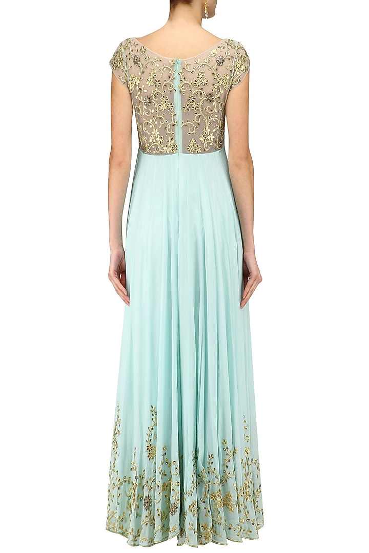 Powder blue gota and mirror hand embroidered anarkali set available only at Pernia's Pop Up Shop.