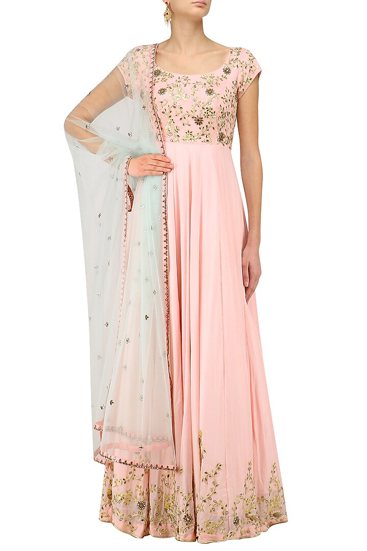 Peach pink parrot motifs anarkali set available only at Pernia's Pop Up Shop.