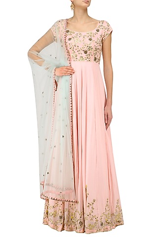 Peach Pink Parrot Motifs Anarkali Set by Architha Narayanam