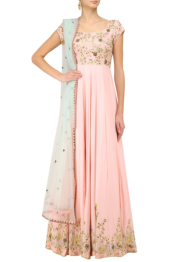 Peach pink parrot motifs anarkali set available only at Pernia's Pop Up Shop.