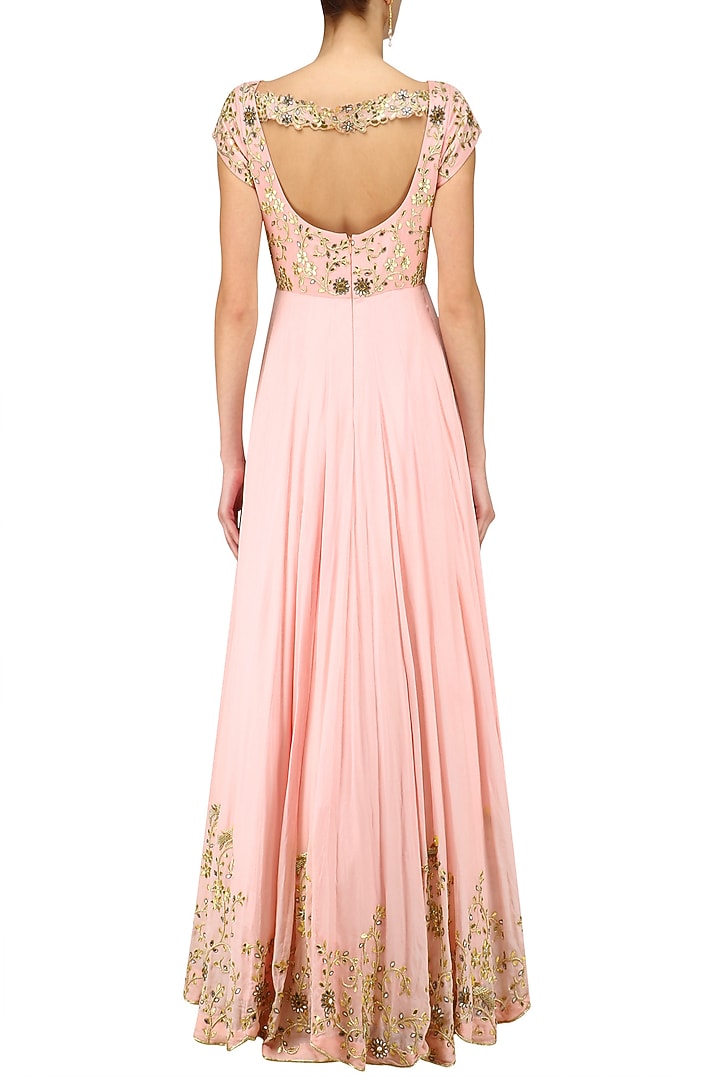 Peach pink parrot motifs anarkali set available only at Pernia's Pop Up Shop.