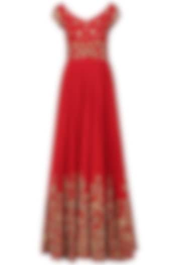 Red Creeper and Bootis Embroidered Anarkali Gown by Architha Narayanam