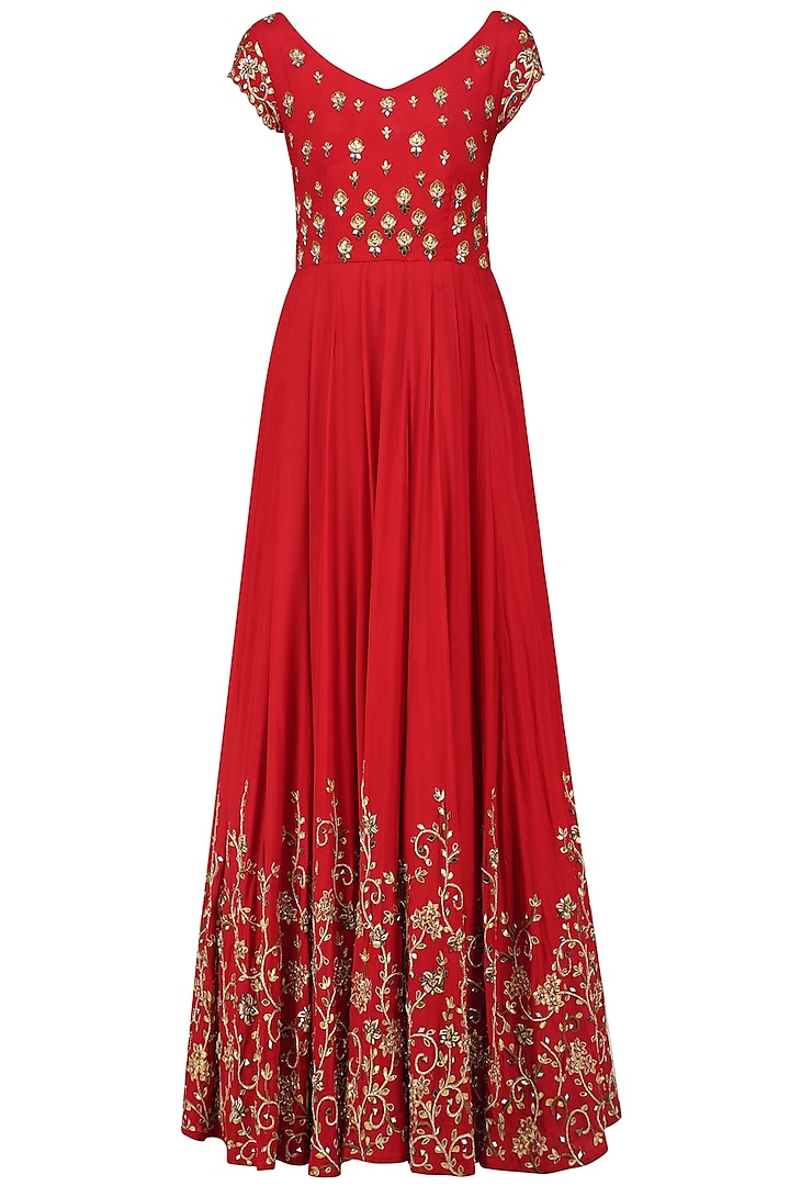 Red Creeper and Bootis Embroidered Anarkali Gown by Architha Narayanam