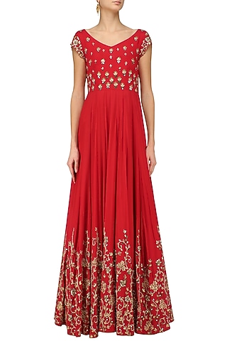 Red Creeper and Bootis Embroidered Anarkali Gown by Architha Narayanam