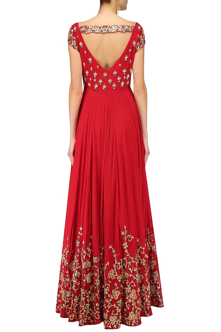 Red creeper and bootis embroidered anarkali gown available only at Pernia's Pop Up Shop.