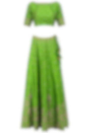 Green Creeper and Bootis Embroidered Lehenga Set by Architha Narayanam