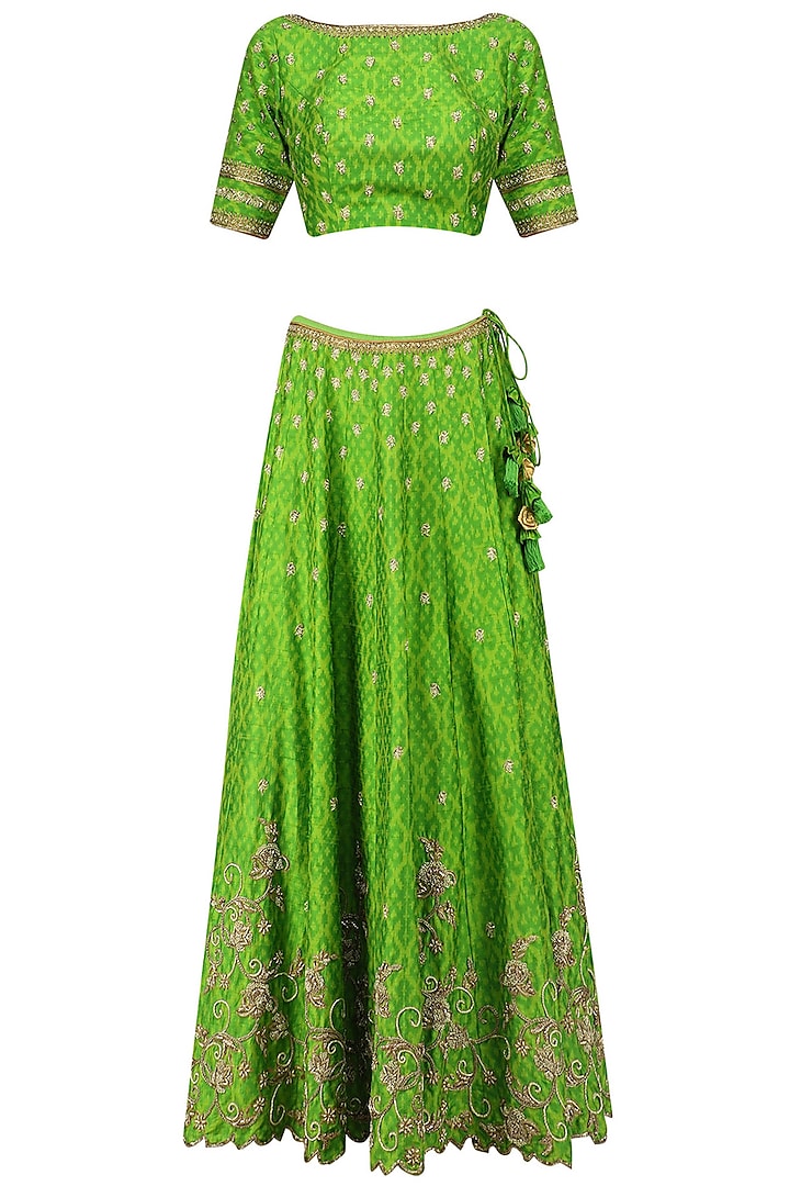 Green Creeper and Bootis Embroidered Lehenga Set by Architha Narayanam